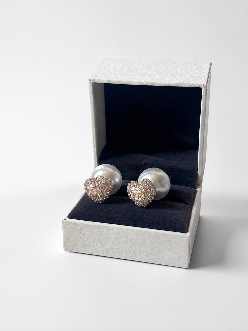 Vintage Dior Pearl Drop Heart Stud Earrings with Crystal Accent